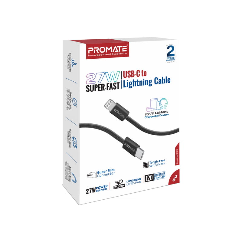 Кабель Promate USB Type-C - Lightning (M/M), 3 A, 27 W, 1.2 м, EcoLine-Ci120 Black