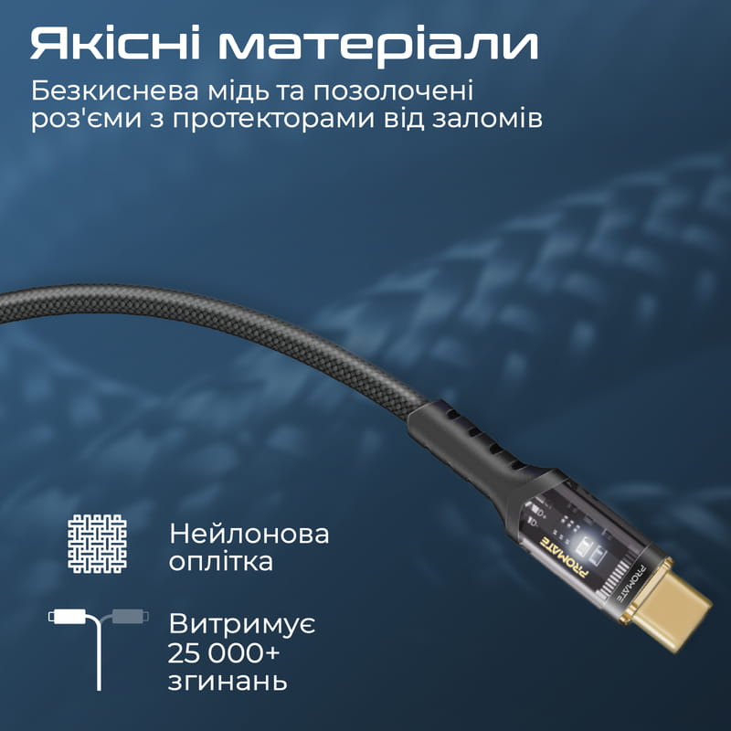 Кабель Promate USB Type-C - USB Type-C (M/M), 5 A, 100 W, 2 м, Lucidline-CC200 Black