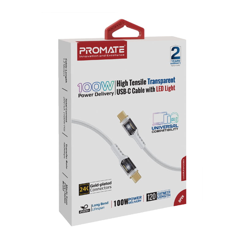 Кабель Promate USB Type-C - USB Type-C (M/M), 5 A, 100 W, 1.2 м, Lucidline-CC120 White