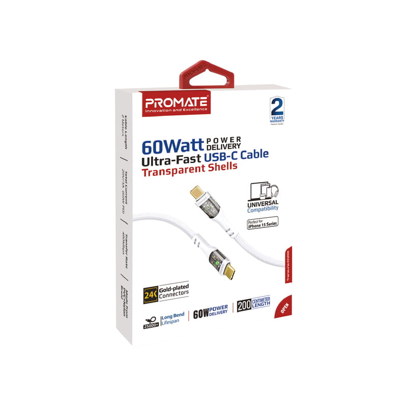 Кабель Promate USB Type-C - USB Type-C (M/M), 3 A, 60 W, 2 м, TransLine-CC200 White