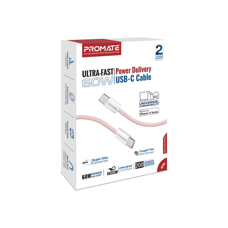 Кабель Promate USB Type-C - USB Type-C (M/M), 3 A, 60 W, 2 м, EcoLine-CC200 Pink