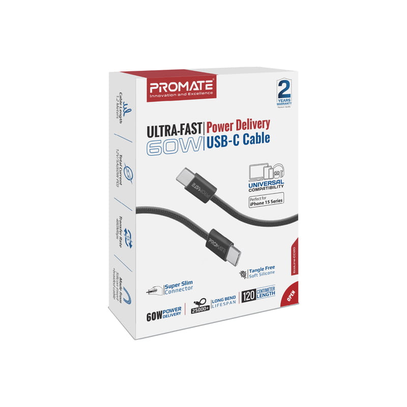 Кабель Promate USB Type-C - USB Type-C (M/M), 3 A, 60 W, 1.2 м, EcoLine-CC120 Black