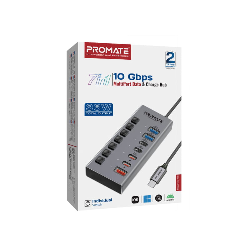 Концентратор USB Type-C Promate Gegahub-10G 7 in 1 Grey