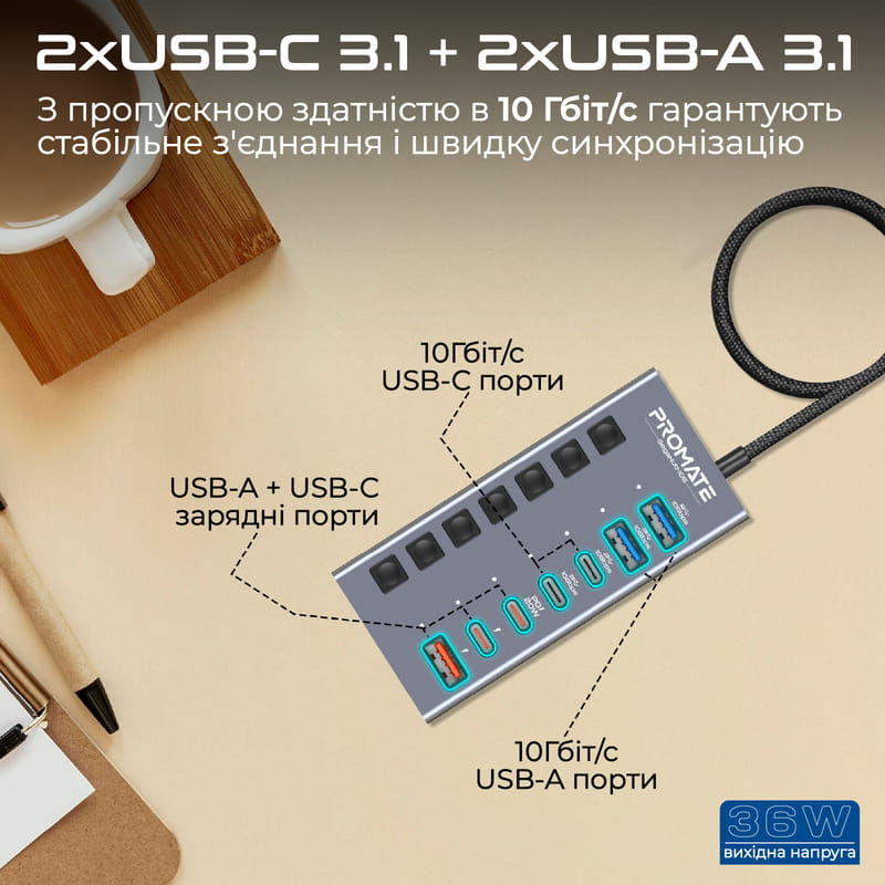 Концентратор USB Type-C Promate Gegahub-10G 7 in 1 Grey