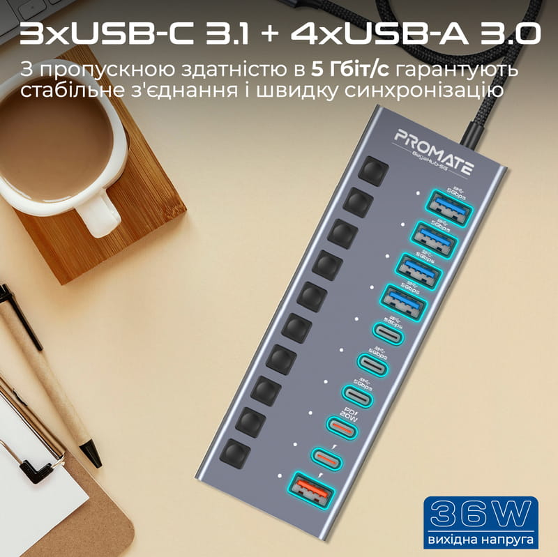 Концентратор USB Type-C Promate Gegahub-5G 10 in 1 Grey