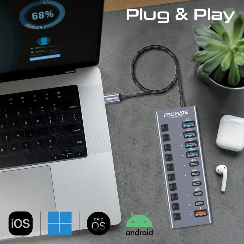 Концентратор USB Type-C Promate Gegahub-5G 10 in 1 Grey
