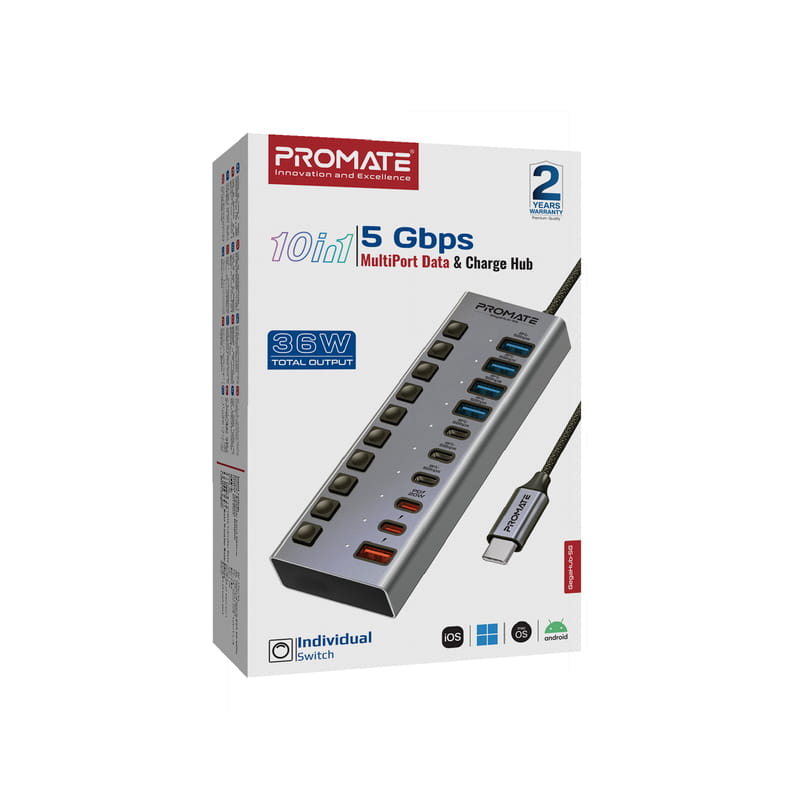 Концентратор USB Type-C Promate Gegahub-5G 10 in 1 Grey
