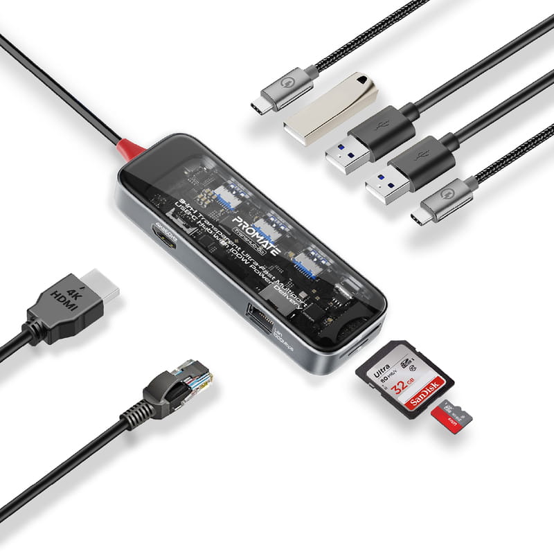 Концентратор USB Type-C Promate TransHub-Go 9 in 1 Grey