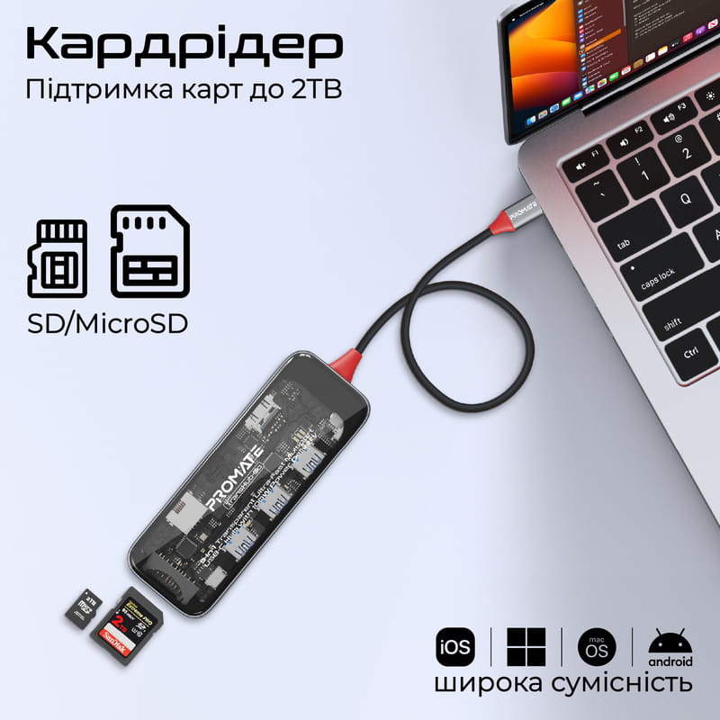 Концентратор USB Type-C Promate TransHub-Go 9 in 1 Grey
