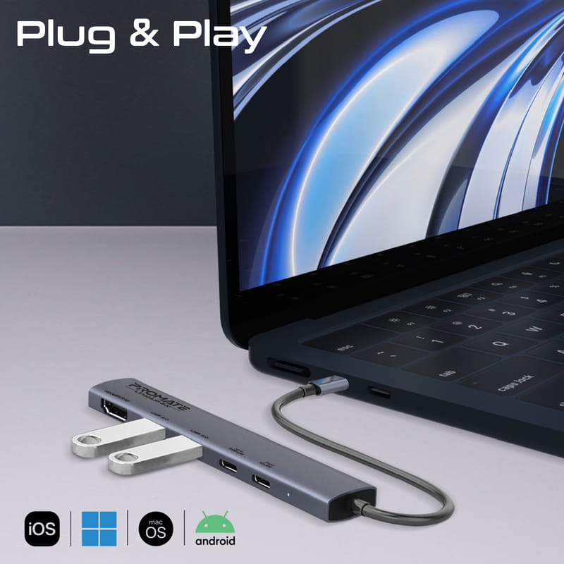 Концентратор USB Type-C Promate LinkHub-5x 5 in 1 Grey