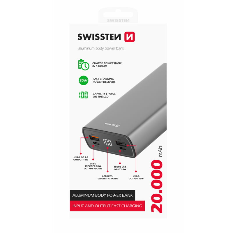 Універсальна мобільна батарея Swissten 20000mAh 20W Grey (8595217479852)