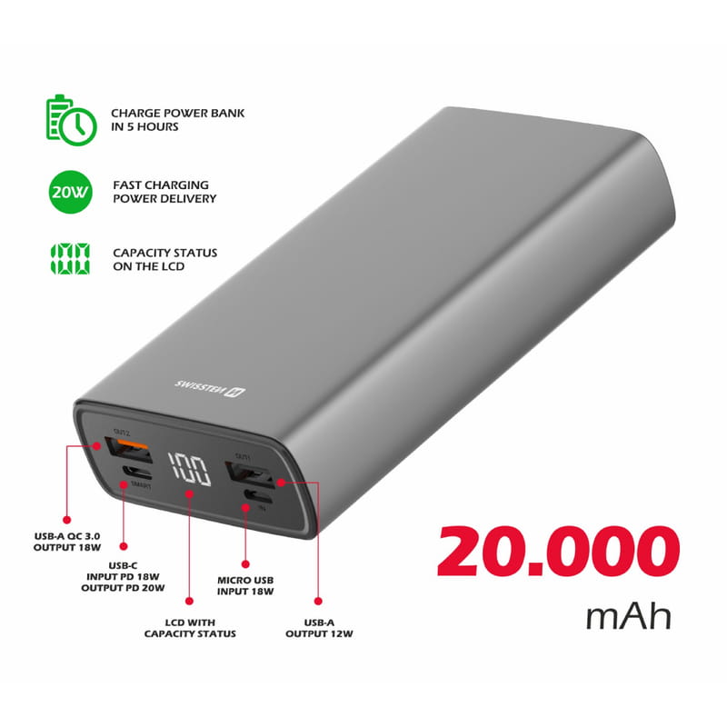 Універсальна мобільна батарея Swissten 20000mAh 20W Grey (8595217479852)