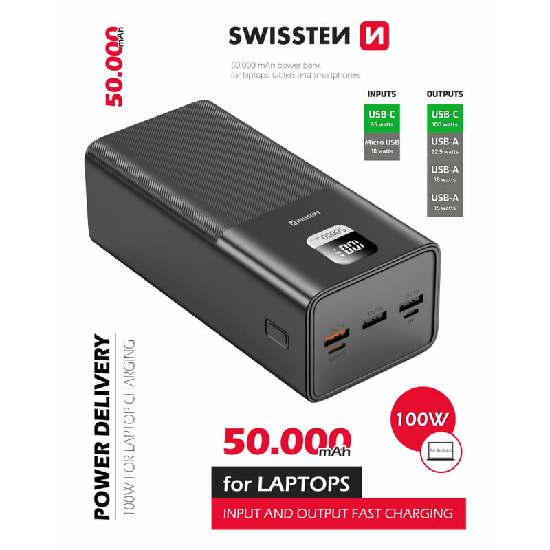 Універсальна мобільна батарея Swissten 50000mAh 100W Black (8595217481282)