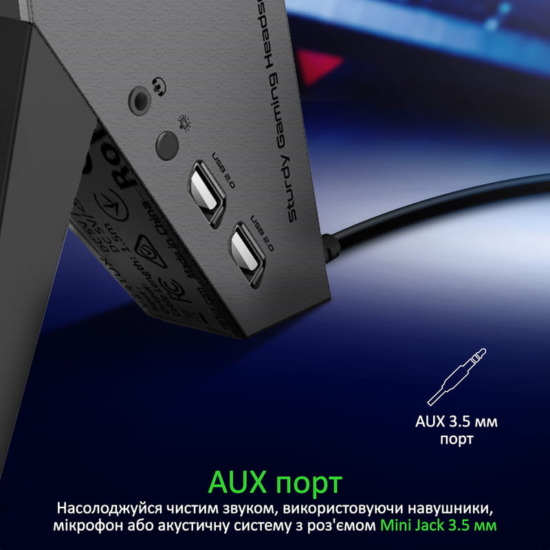 Підставка для навушників Vertux Zulu 2xUSB 2.0 / Mini Jack 3.5 мм Black (zulu.black)