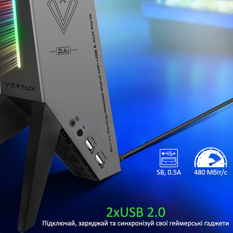 Подставка для наушников Vertux Zulu 2xUSB 2.0 / Mini Jack 3.5 мм Black