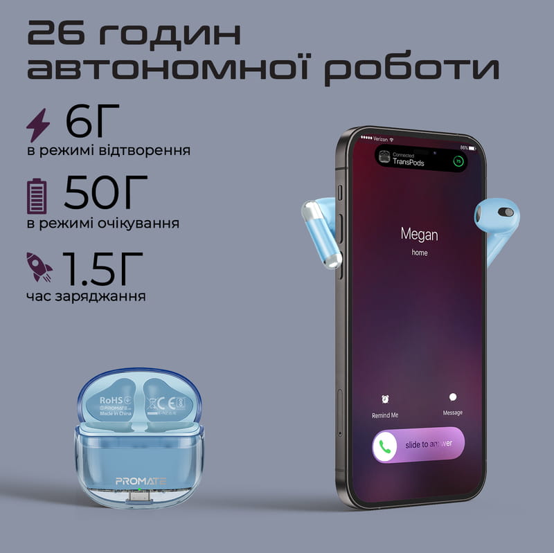 Bluetooth-гарнитура Promate TransPods Blue