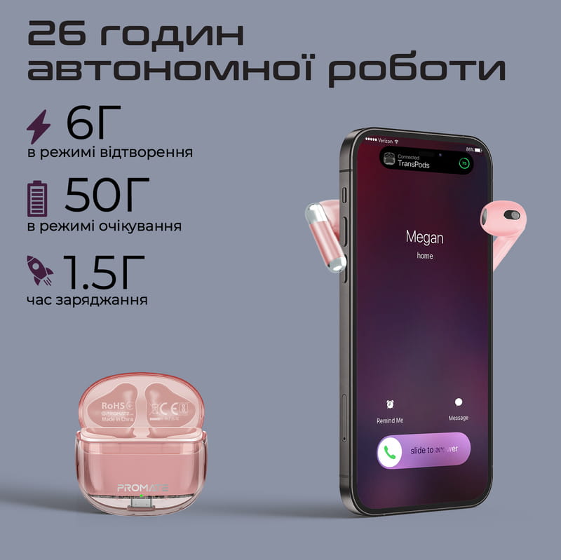 Bluetooth-гарнитура Promate TransPods Pink