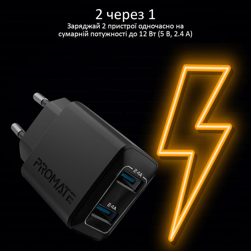 Зарядное устройство Promate BiPlug 12W Black (biplug.black)