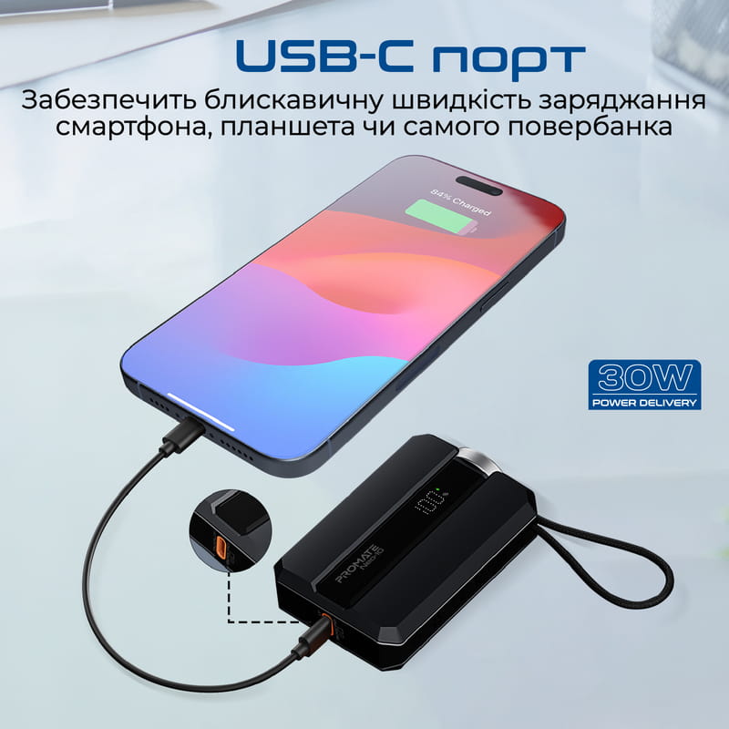 Универсальная мобильная батарея Promate Neo-10 10000mAh 30W Black (neo-10.black)