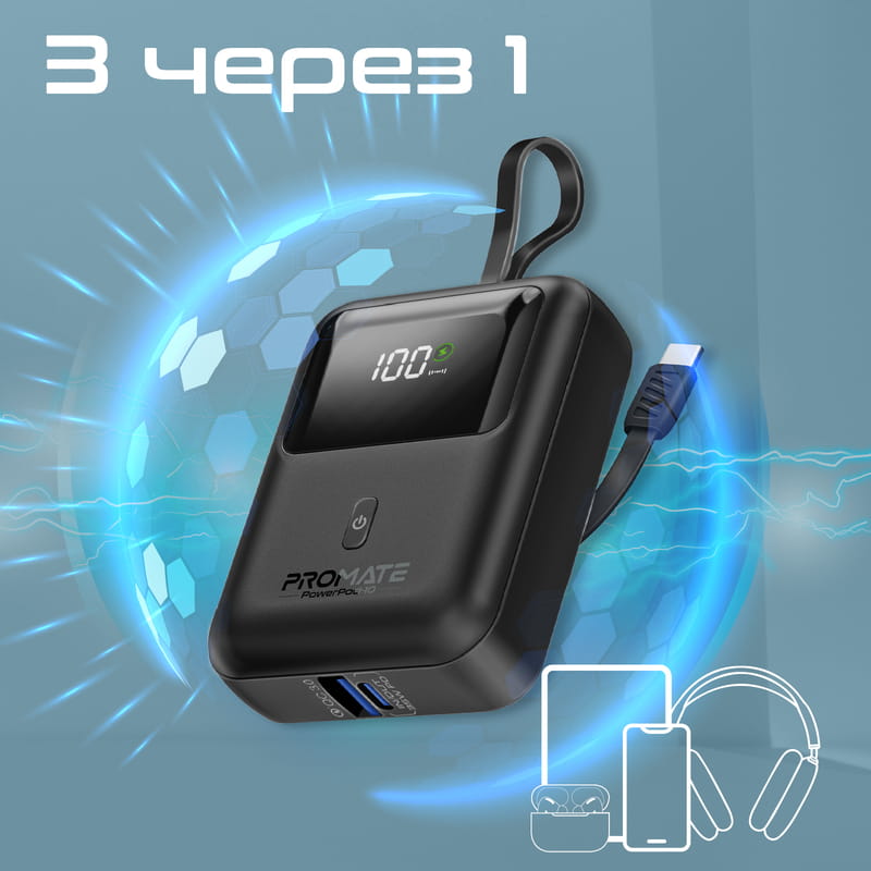 Універсальна мобільна батарея Promate PowerPod-10 10000mAh 35W Black