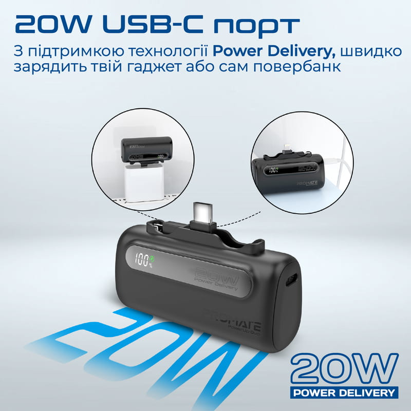 Универсальная мобильная батарея Promate PowerUp-Duo 5000mAh 20W Black