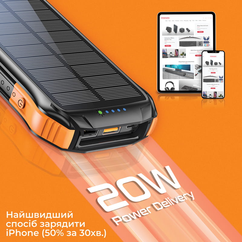 Универсальная мобильная батарея Promate SolarTank-10PDQi 10000mAh 20W Black (solartank-10pdqi.black)