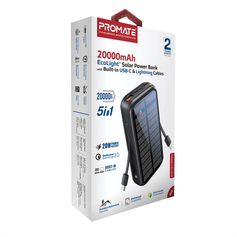 Универсальная мобильная батарея Promate SolarTank-20PDQi 20000mAh 20W Black (solartank-20pdci.black)