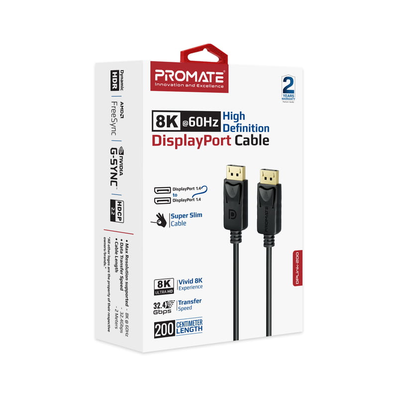 Кабель Promate DisplayPort - DisplayPort V 1.4 (M/M), 2 м, DPLink-200 Black