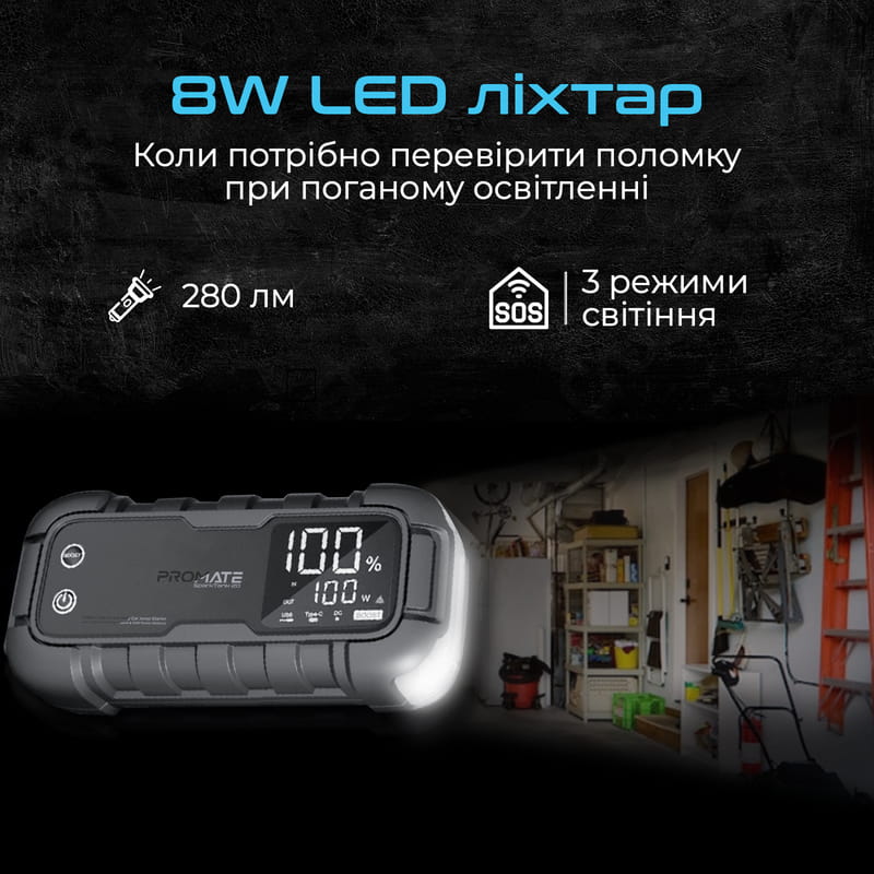 Пускозарядний пристрій Promate SparkTank-20 20000mAh 1000A/2000A Jump Starter Black