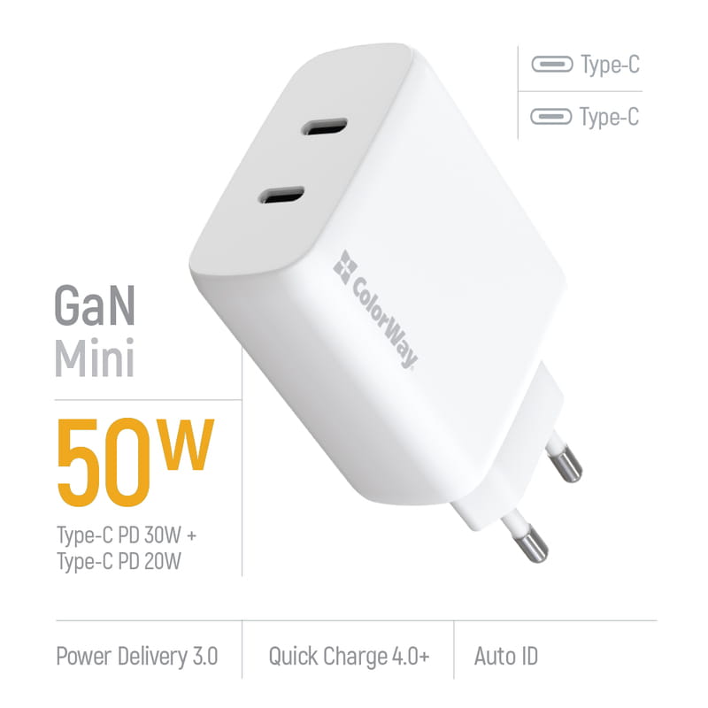 Мережевий зарядний пристрій ColorWay GaN Mini 50W PD Port PPS USB (Type-C PD 30W + Type-C PD 20W) White (CW-CHS050PD-WT)