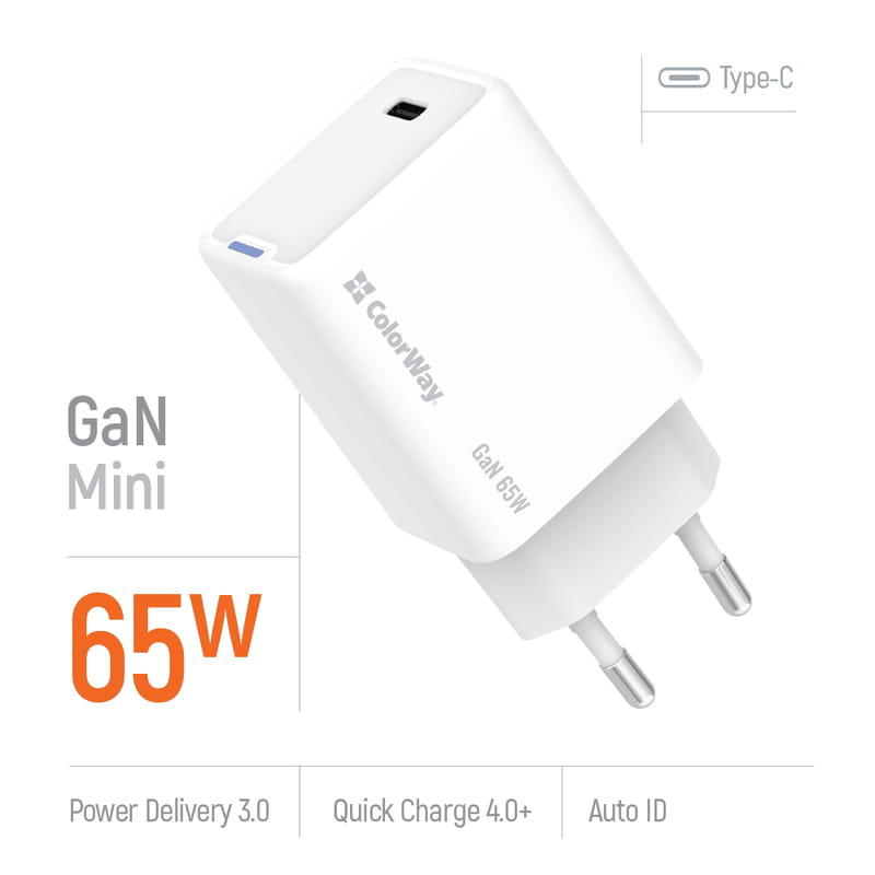 Сетевое зарядное устройство ColorWay GaN Mini 65W PD Port PPS USB-C White (CW-CHS049PD-WT)