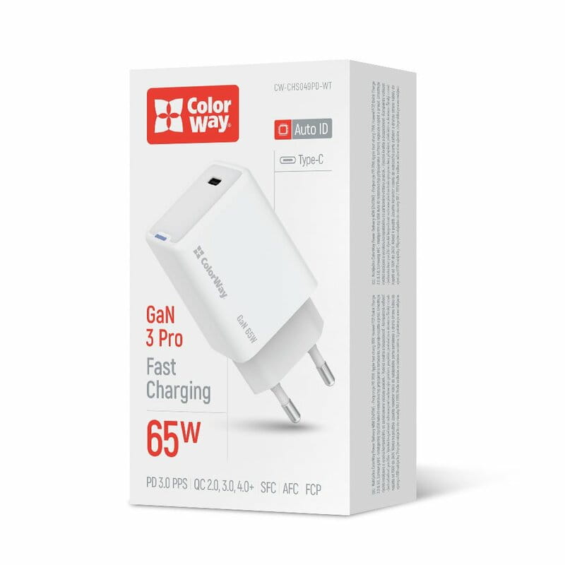 Сетевое зарядное устройство ColorWay GaN Mini 65W PD Port PPS USB-C White (CW-CHS049PD-WT)