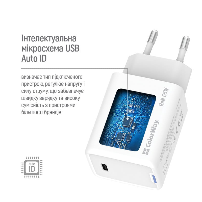 Сетевое зарядное устройство ColorWay GaN Mini 65W PD Port PPS USB-C White (CW-CHS049PD-WT)