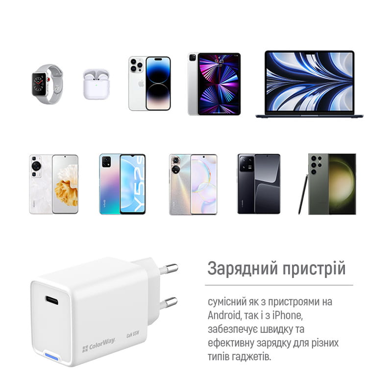 Сетевое зарядное устройство ColorWay GaN Mini 65W PD Port PPS USB-C White (CW-CHS049PD-WT)
