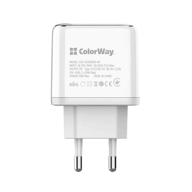 Сетевое зарядное устройство ColorWay Power Delivery Port PPS USB (Type-C PD + Type-C PD) (40W) White (CW-CHS048PD-WT)