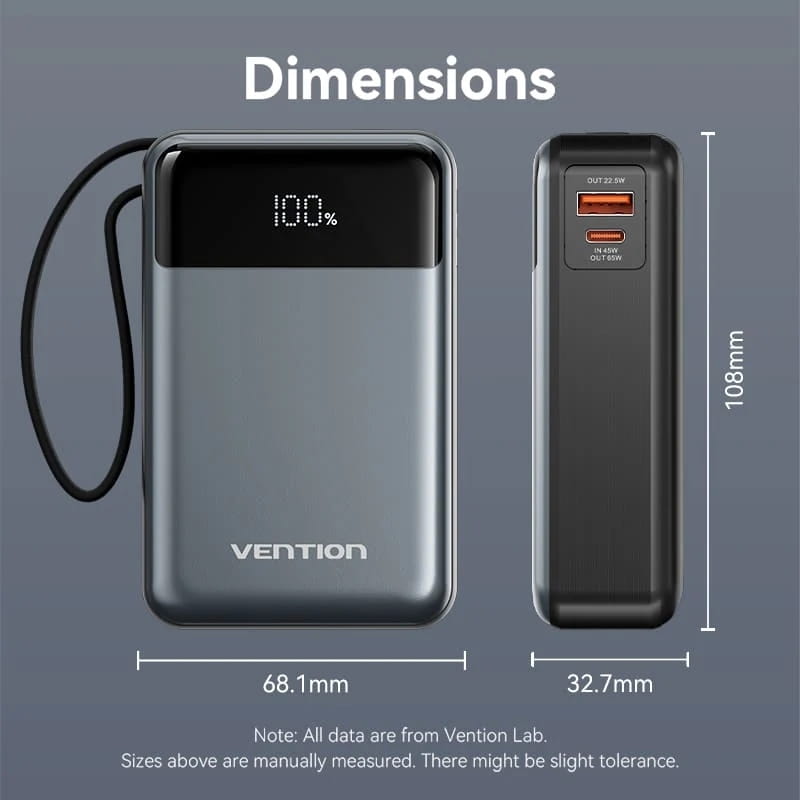 Універсальна мобільна батарея Vention 20000mAh PD, QC 3.0 Black (FHYB0)