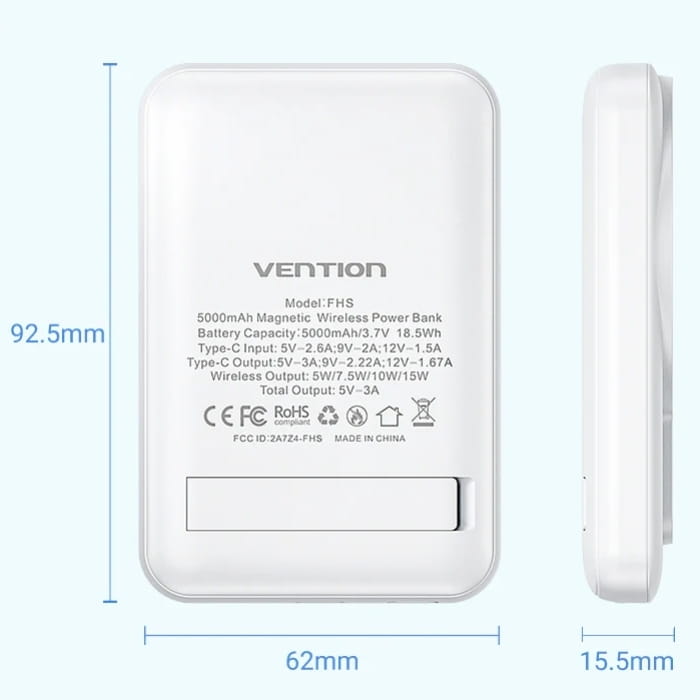 Універсальна мобільна батарея Vention Magnetic Wireless 5000mAh PD White (FHSW0)