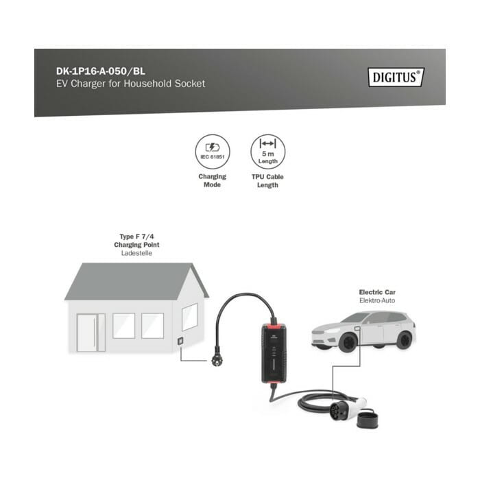 Сетевое зарядное устройство Digitus EV Single Phase 3.7kW, 5 m, Schuko to Type 2 (DK-1P16-A-050-BL)
