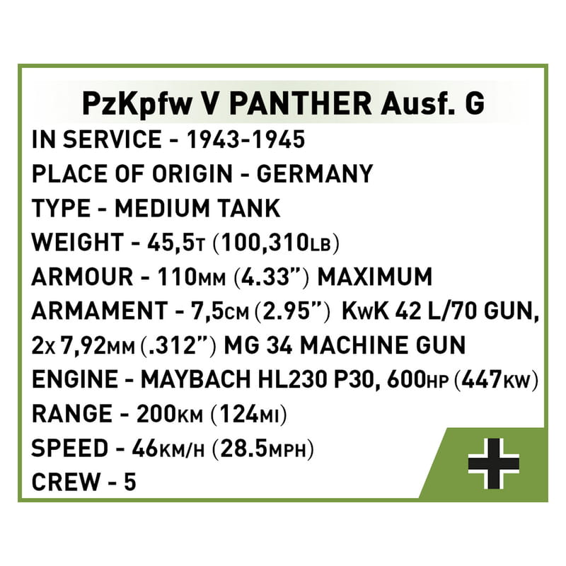 Конструктор COBI Вторая Мировая Война Танк Panzer V Пантера, 298 деталей (COBI-2713)
