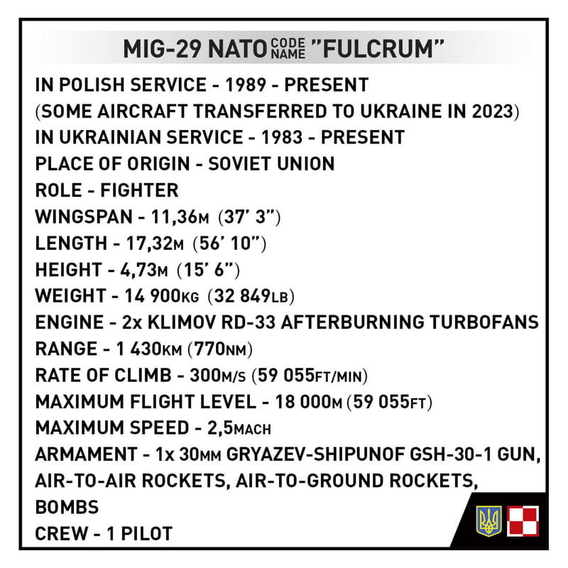 Конструктор COBI Самолет МиГ-29 (UA/PL) Fulcrum, 550 деталей (COBI-5840)