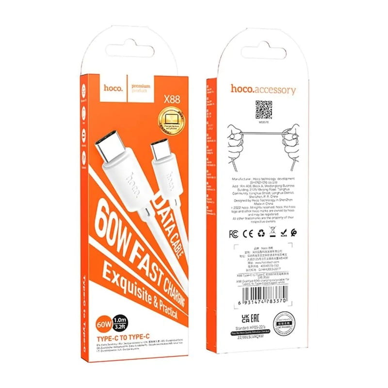 Кабель Hoco X88 Gratified 60W USB Type-C - USB Type-C (M/M), 1 м, White (6931474783370)