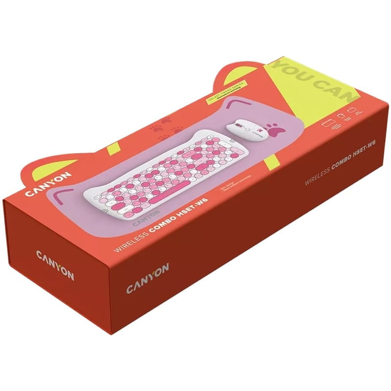 Комплект бездротовий (клавіатура, миша) Canyon HSET-W6 Kitty Edition Pink (CNS-HSETW6PK)