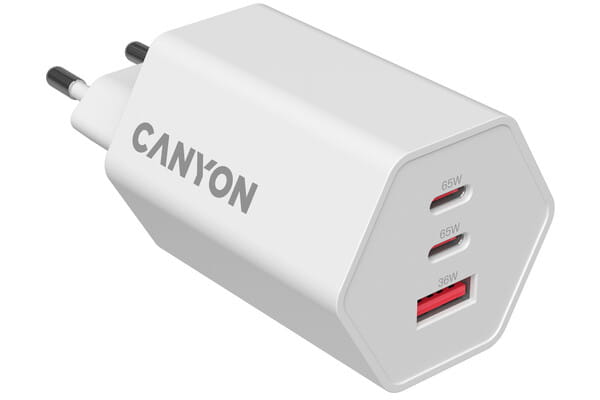 Мережевий зарядний пристрій Canyon Exagon 65 GaN 65W 2xPD 1xQC EU White (CND-CHAHEX65W)
