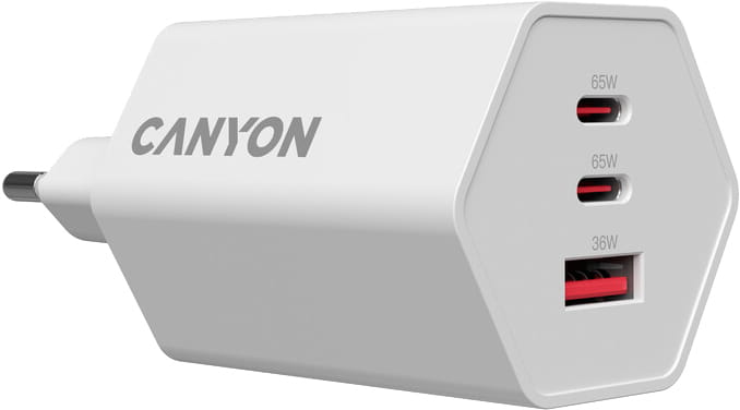 Мережевий зарядний пристрій Canyon Exagon 65 GaN 65W 2xPD 1xQC EU White (CND-CHAHEX65W)