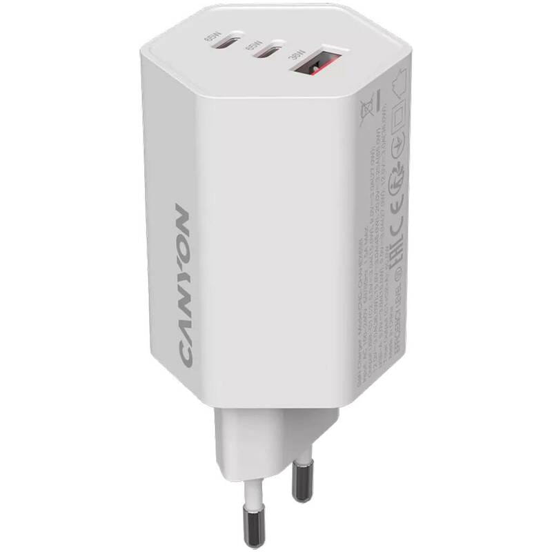 Мережевий зарядний пристрій Canyon Exagon 65 GaN 65W 2xPD 1xQC EU White (CND-CHAHEX65W)
