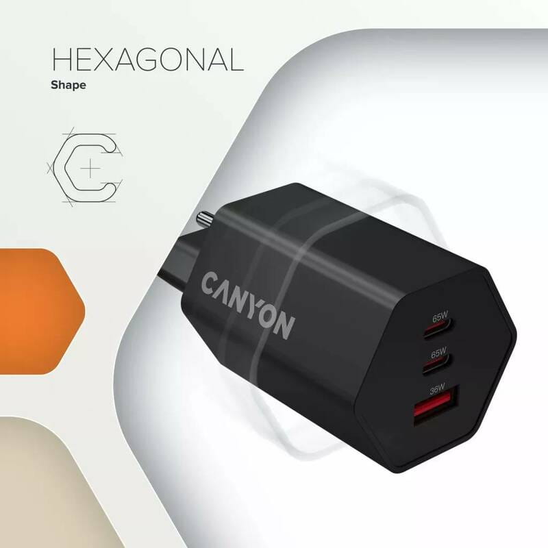 Сетевое зарядное устройство Canyon Exagon 65 GaN 65W 2xPD 1xQC EU White (CND-CHAHEX65W)