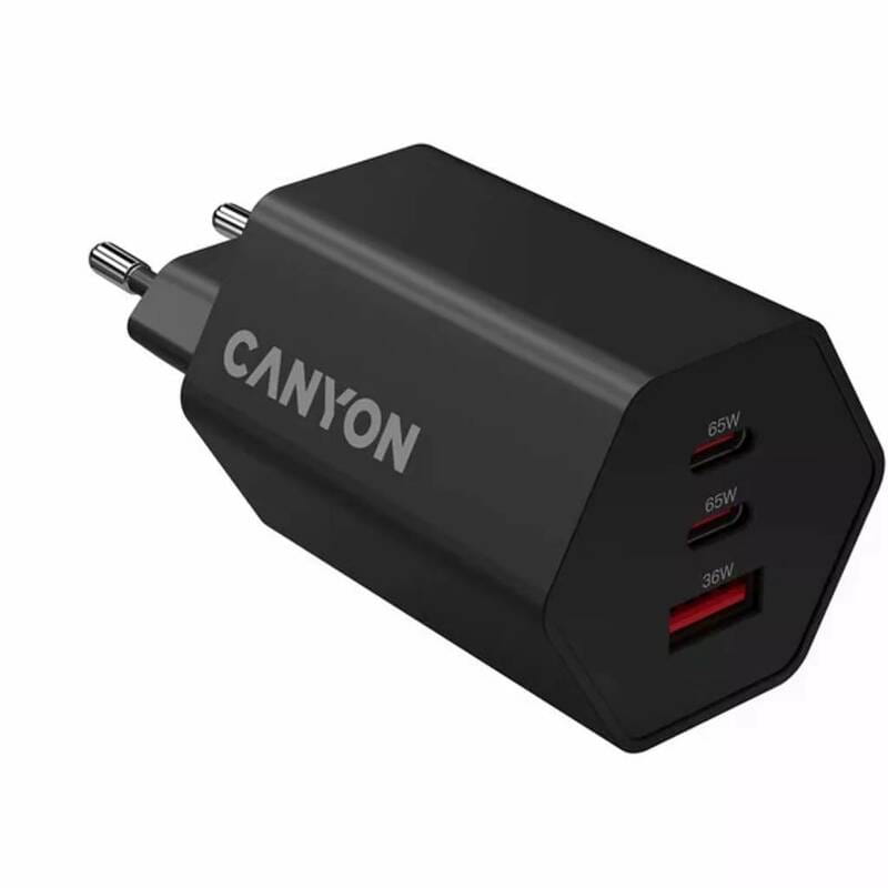 Сетевое зарядное устройство Canyon Exagon 65 GaN 65W 2xPD 1xQC EU Black (CND-CHAHEX65B)