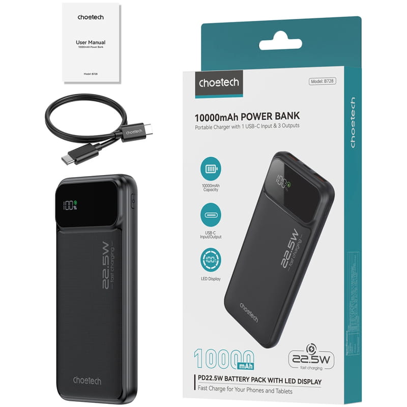 Універсальна мобільна батарея Choetech 10000mAh 22.5W Black (B728-CCBK)