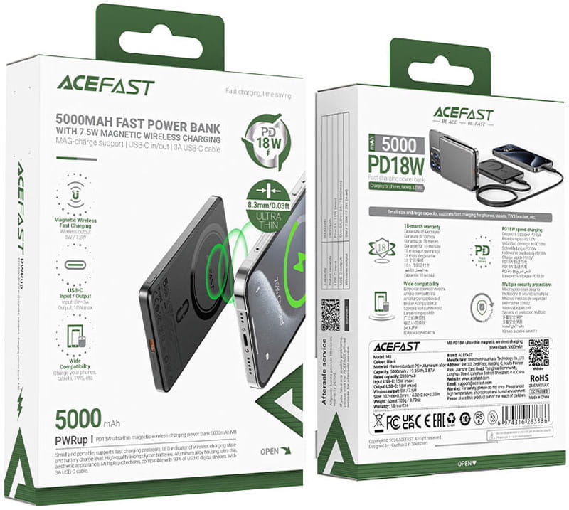 Универсальная мобильная батарея Acefast Magnetic M8 5000mAh 18W Ultra Thin Black (6974316283386)