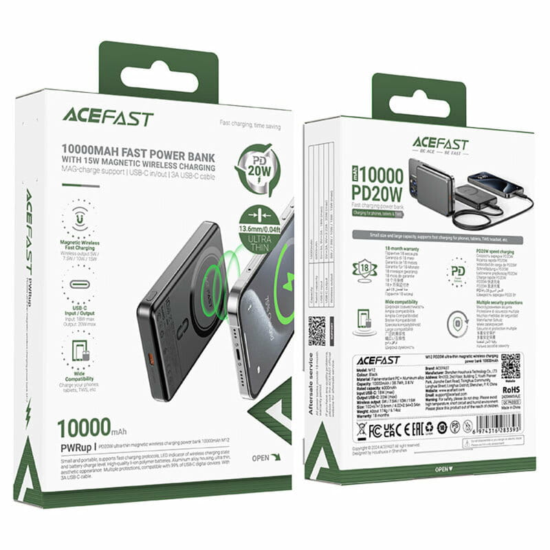 Універсальна мобільна батарея Acefast Magnetic M12 10000mAh 20W Qi-15W Black (6974316283393)